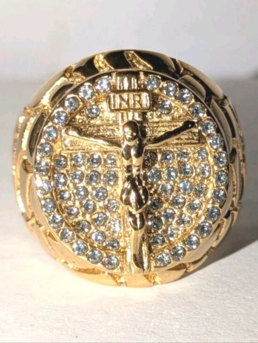 3ct Round CUT MOISSANITE MENS 14K YELLOW GOLD PLATED JEANS CRUSIFIX RING SZ 11